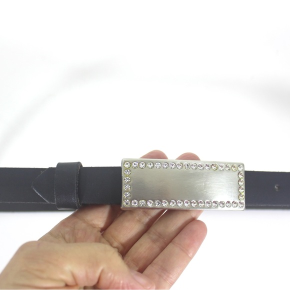 Skinny Black Leather Belt with Brushed Silver and Rhinestone Buckle - Picture 5 of 8